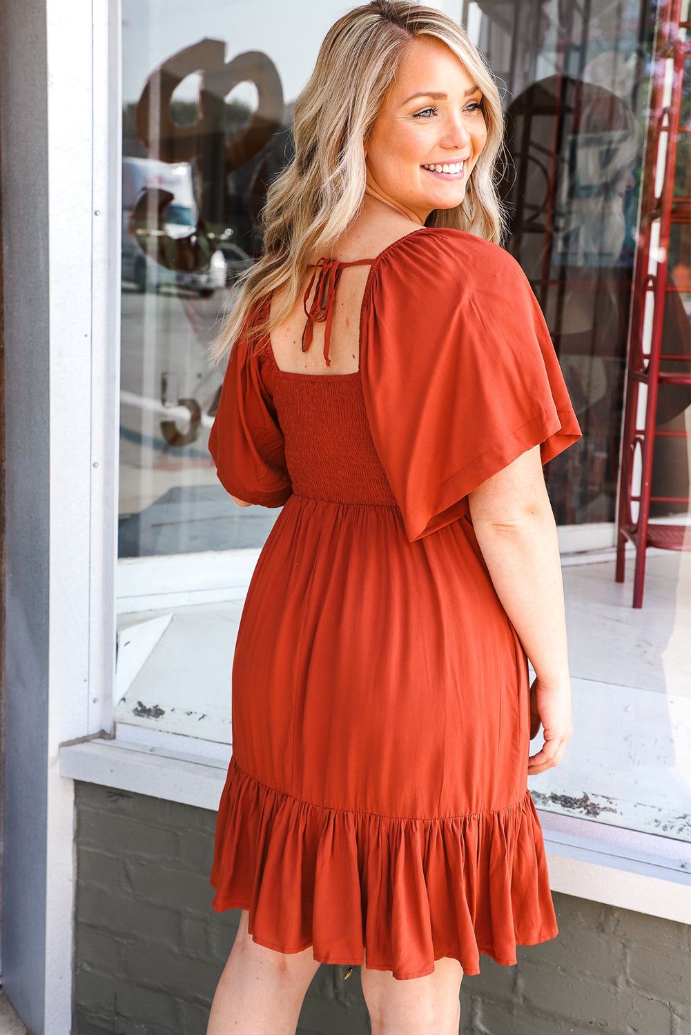 Orange Smocked High Waist Pocketed Ruffle Mini Dress