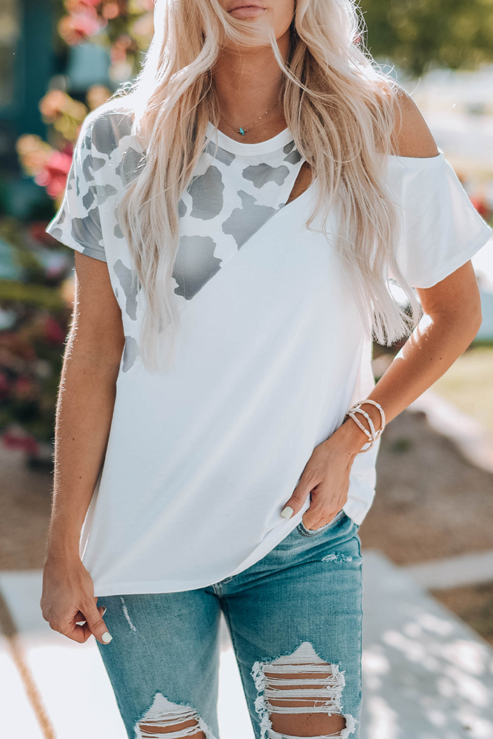 Cow Print Splicing Cut-out Cold Shoulder Short Sleeve T-shirt