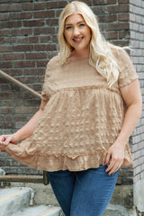 Khaki Plus Size Crinkle Textured Ruffle Trim Babydoll Top