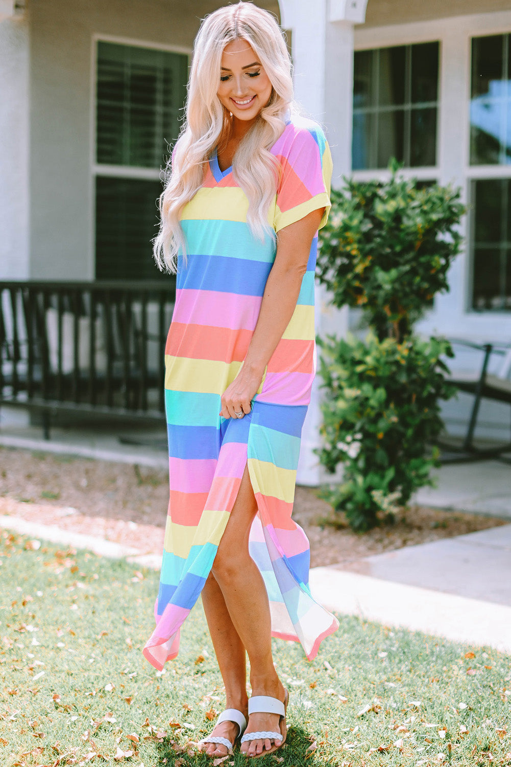 Multicolor Striped Print Tied Shoulder Flowy Tank Top