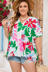 Green Floral Print Faux Wrap Plus Size Blouse