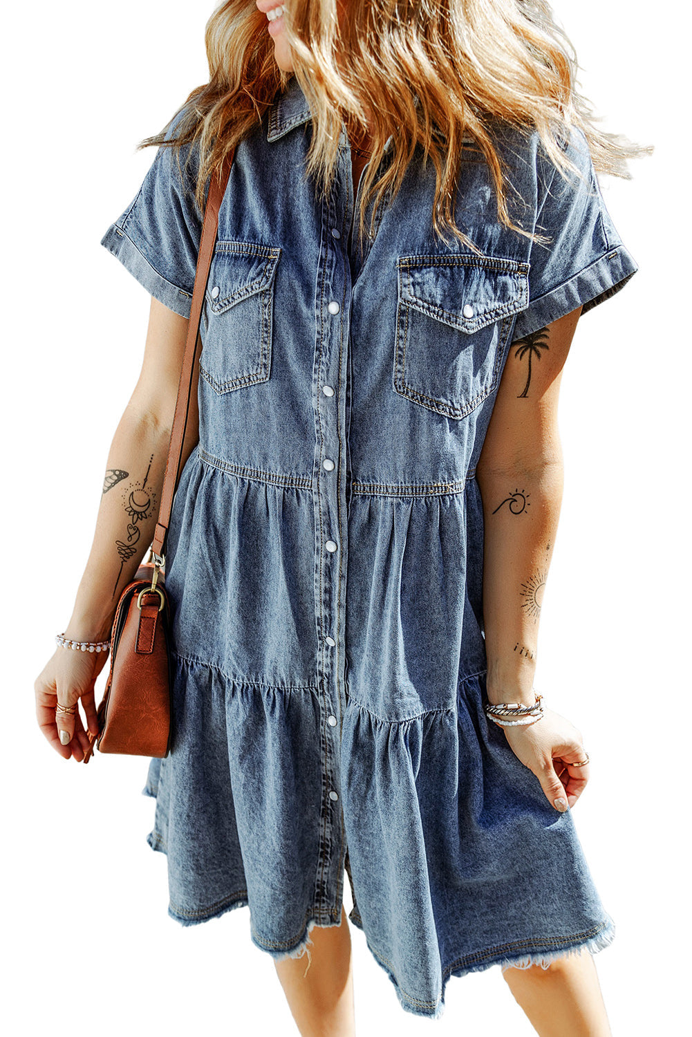 Buttoned Frayed Pocket Short Sleeve Denim Dress