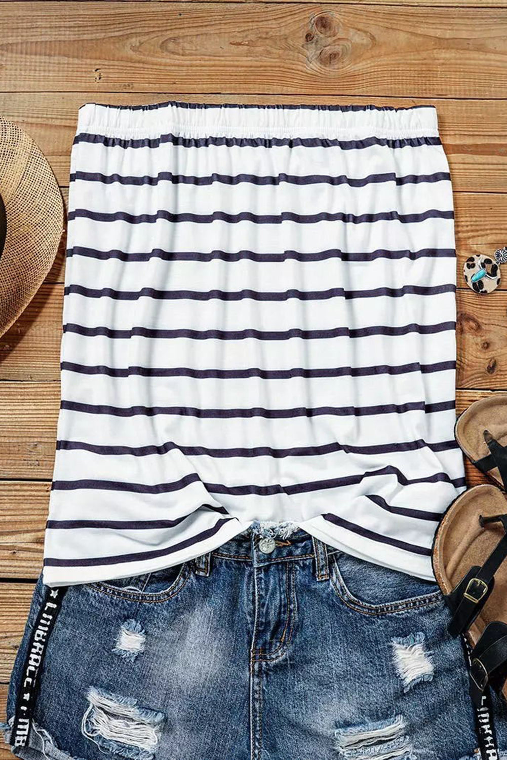 White Striped Strapless Bandeau Tank