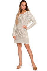 Beige Crochet Hollow-out Long Sleeve Beach Dress