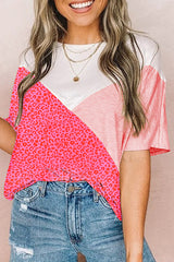 Pink Loose Colorblock Leopard T-shirt