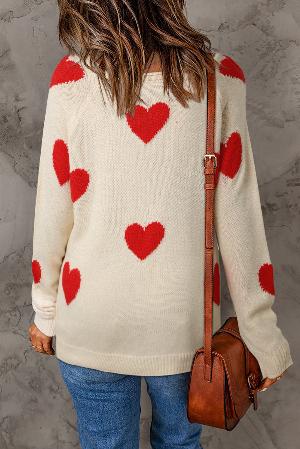 Red Heart Pattern V Neck Knit Sweater