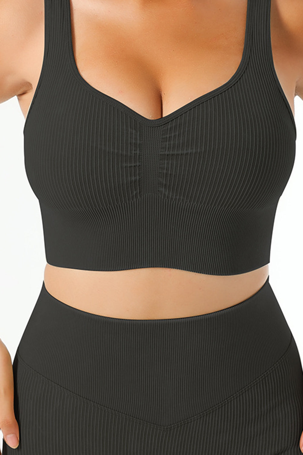 Black Plain Ribbed V Neck Sports Bra