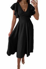 Black Ruffled Sleeve Wrap V Neck Midi Dress