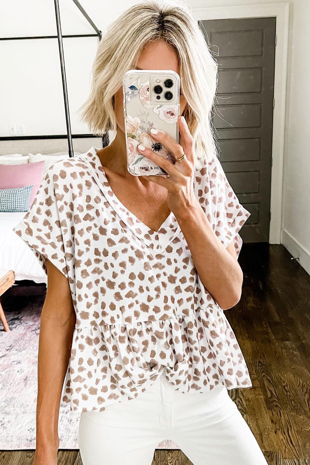 Leopard V Neck Short Sleeve Peplum Top