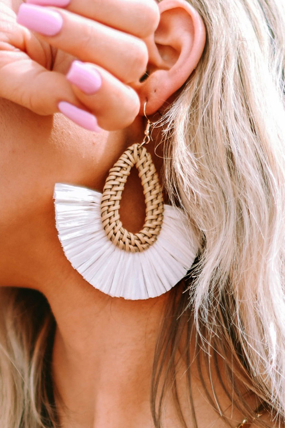 Beige Bohemian Semi-circle Woven Drop Earrings