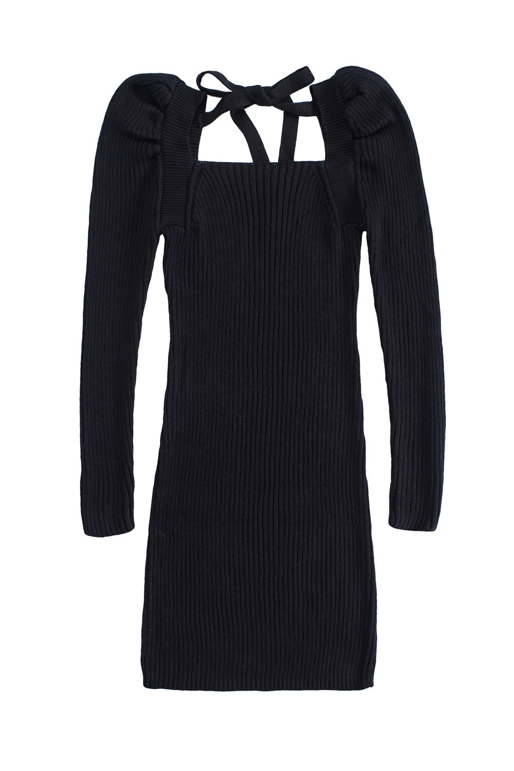 Black Square Neck Puffy Sleeve Sweater Dress