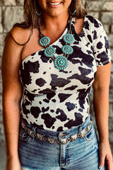 White One Shoulder Cow Print Cut out Short Sleeve Top