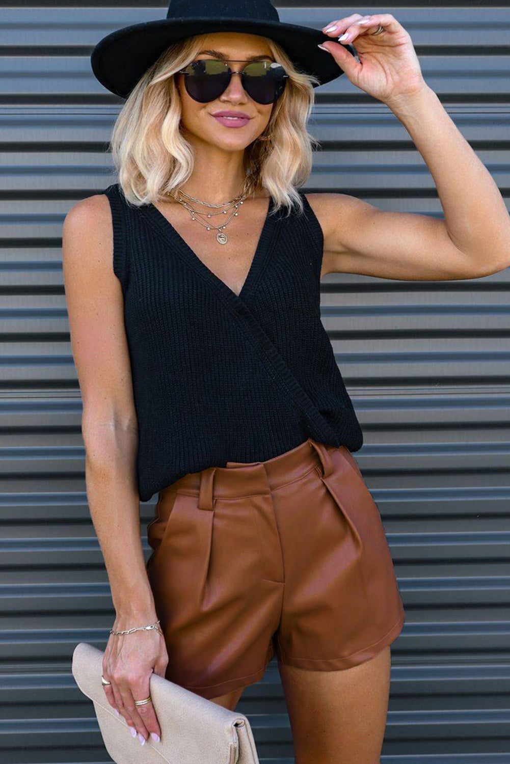 Brown Faux Leather Pleated Casual Shorts