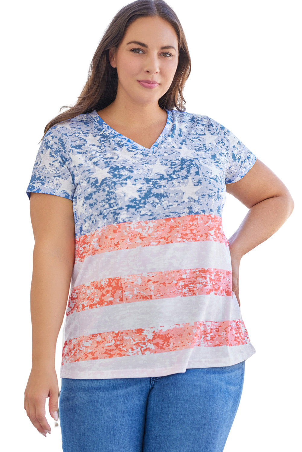 Sky Blue Plus Size Vintage American Flag Print V Neck T Shirt