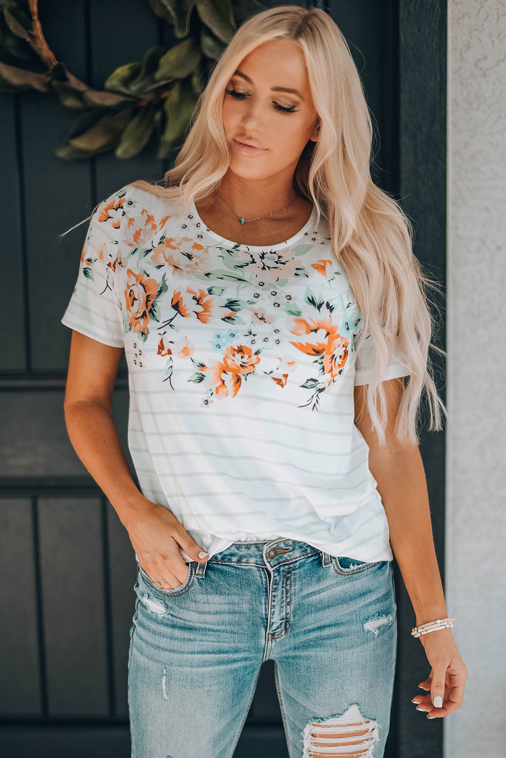 Floral Striped Print Short Sleeve Tee