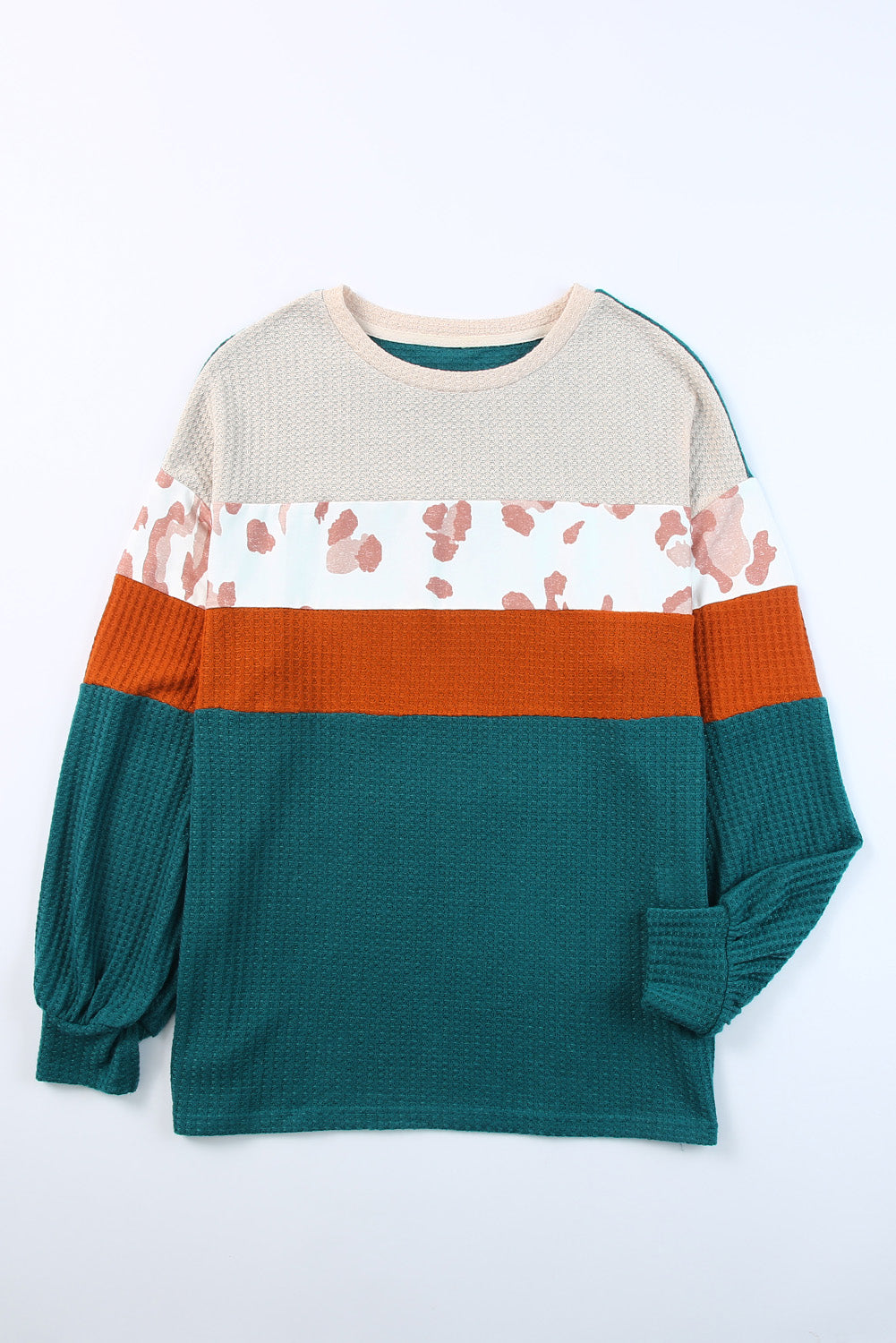 Green Leopard Color Block Waffle Knit Top