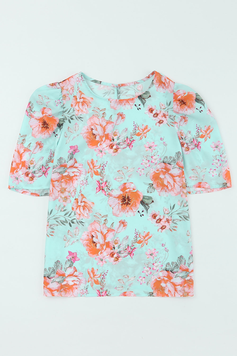 Sky Blue Floral Print Short Puff Sleeves Top