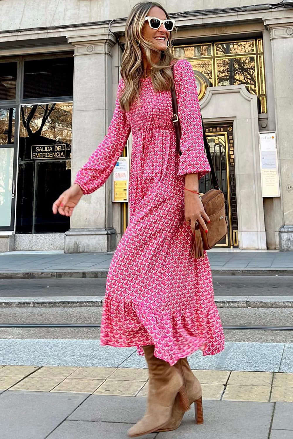 Rose Printed Ruffled Hem Long Dress