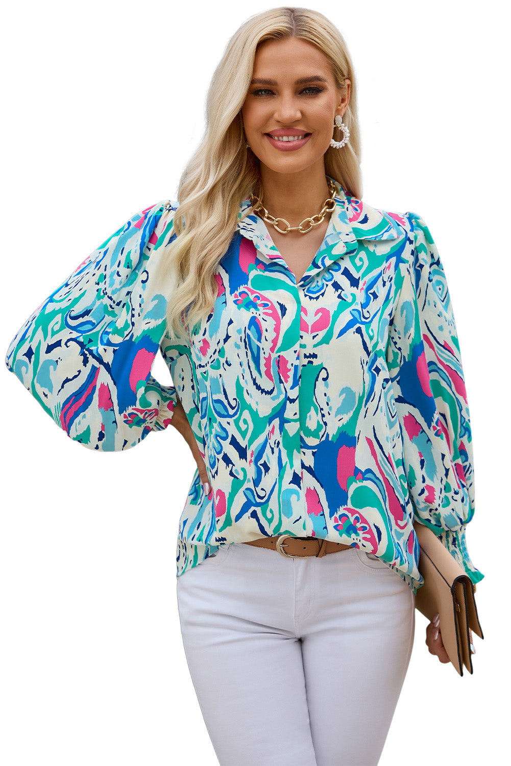 Sky Blue Paisley Print 3/4 Lantern Sleeve Shirt