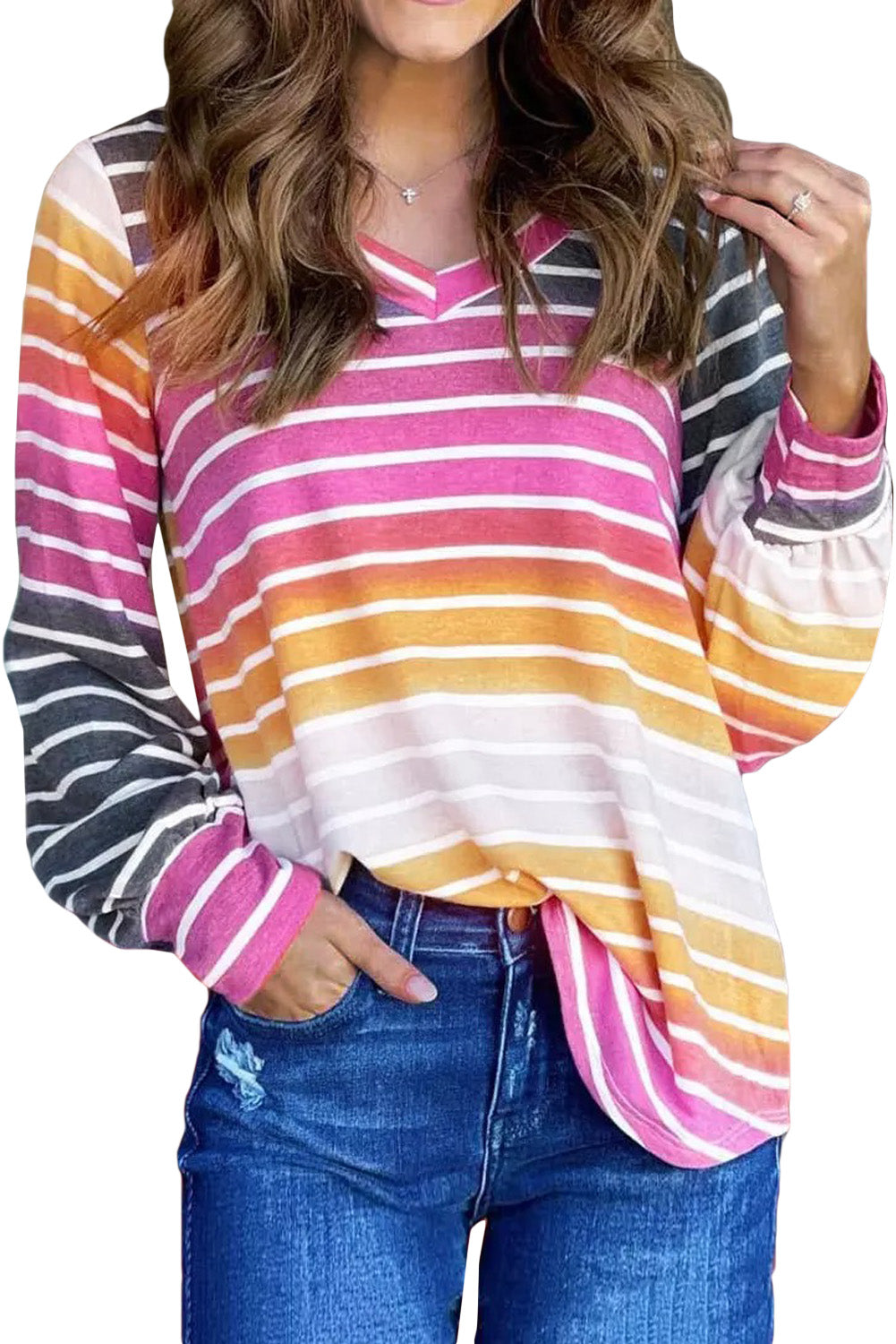 Multicolor Gradient Striped Long Sleeve V-Neck Blouse