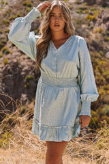 Sky Blue Split Sleeves Smocked Waist Leopard Satin Dress