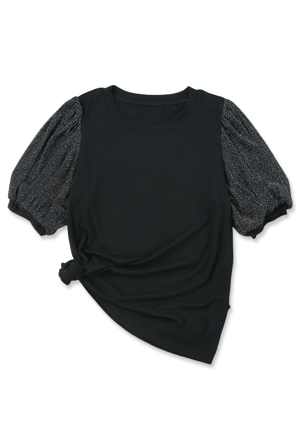 Black Metallic Puff Sleeve Crew Neck Top