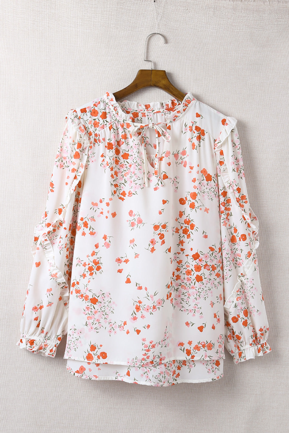 White Split V Neck Floral Plus Size Blouse with Ruffles