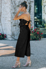 Black Ruffled Strapless Wide Leg Jumpsuit