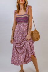 Pink Shirred Ruffled Sleeveless Floral Maxi Dress