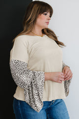 Beige Leopard Bell Sleeve Patchwork Plus Size Top