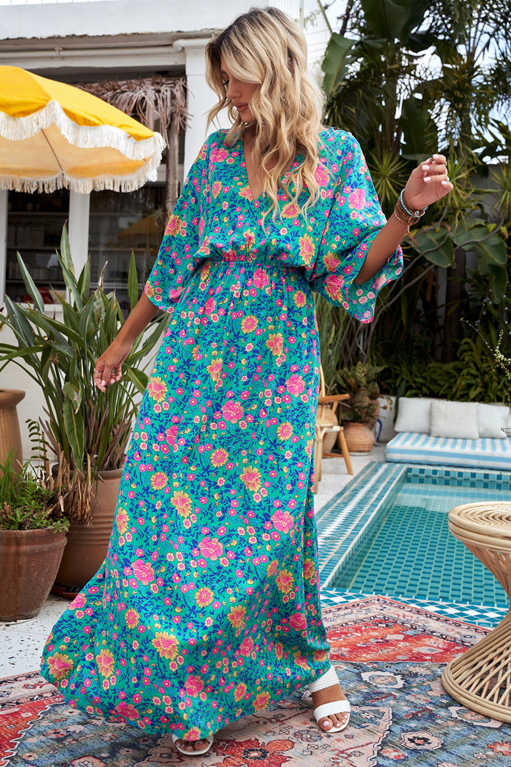 Green Boho Amicgp V Neck Floral Maxi Dress