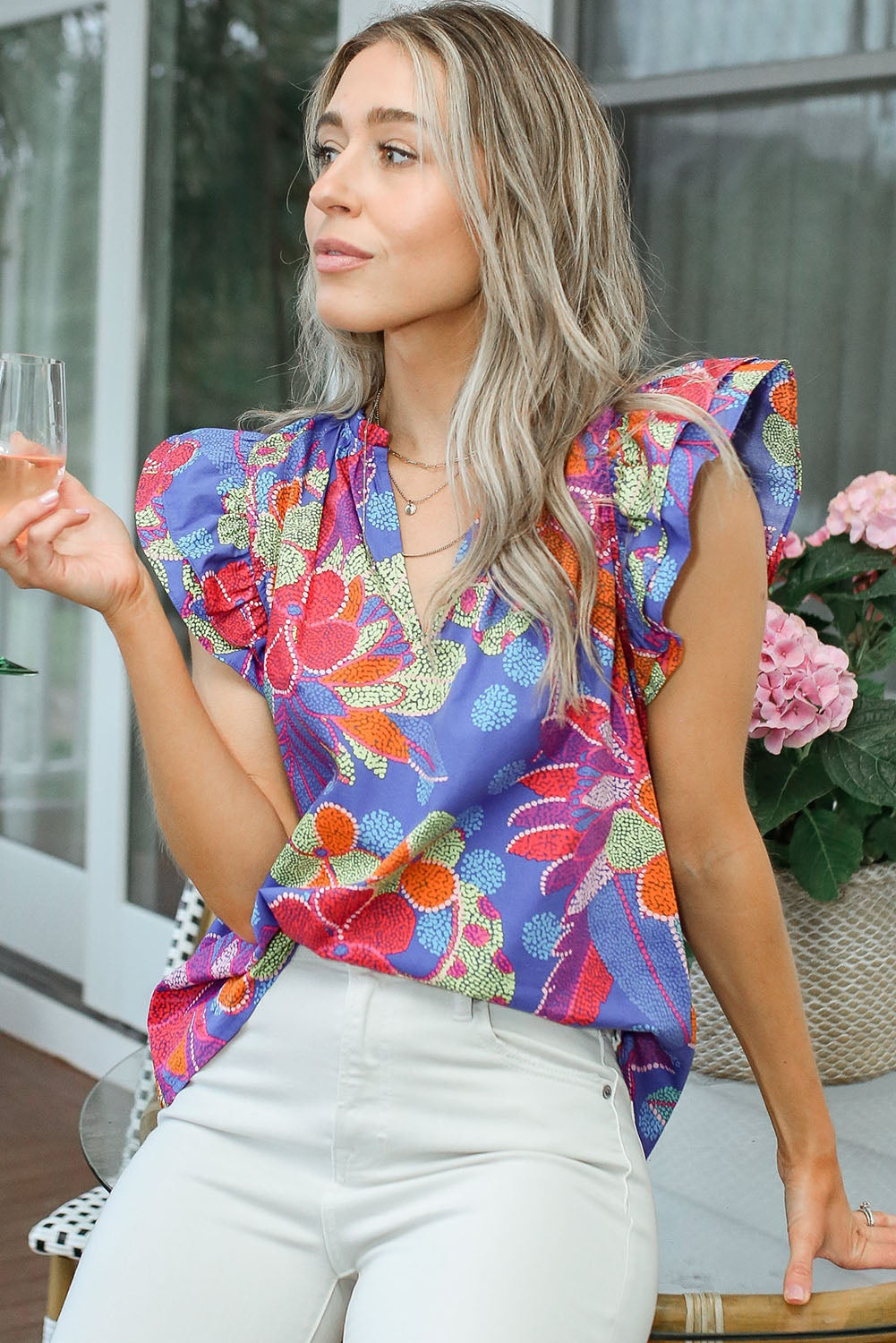 Blue Split V Neck Flutter Floral Top