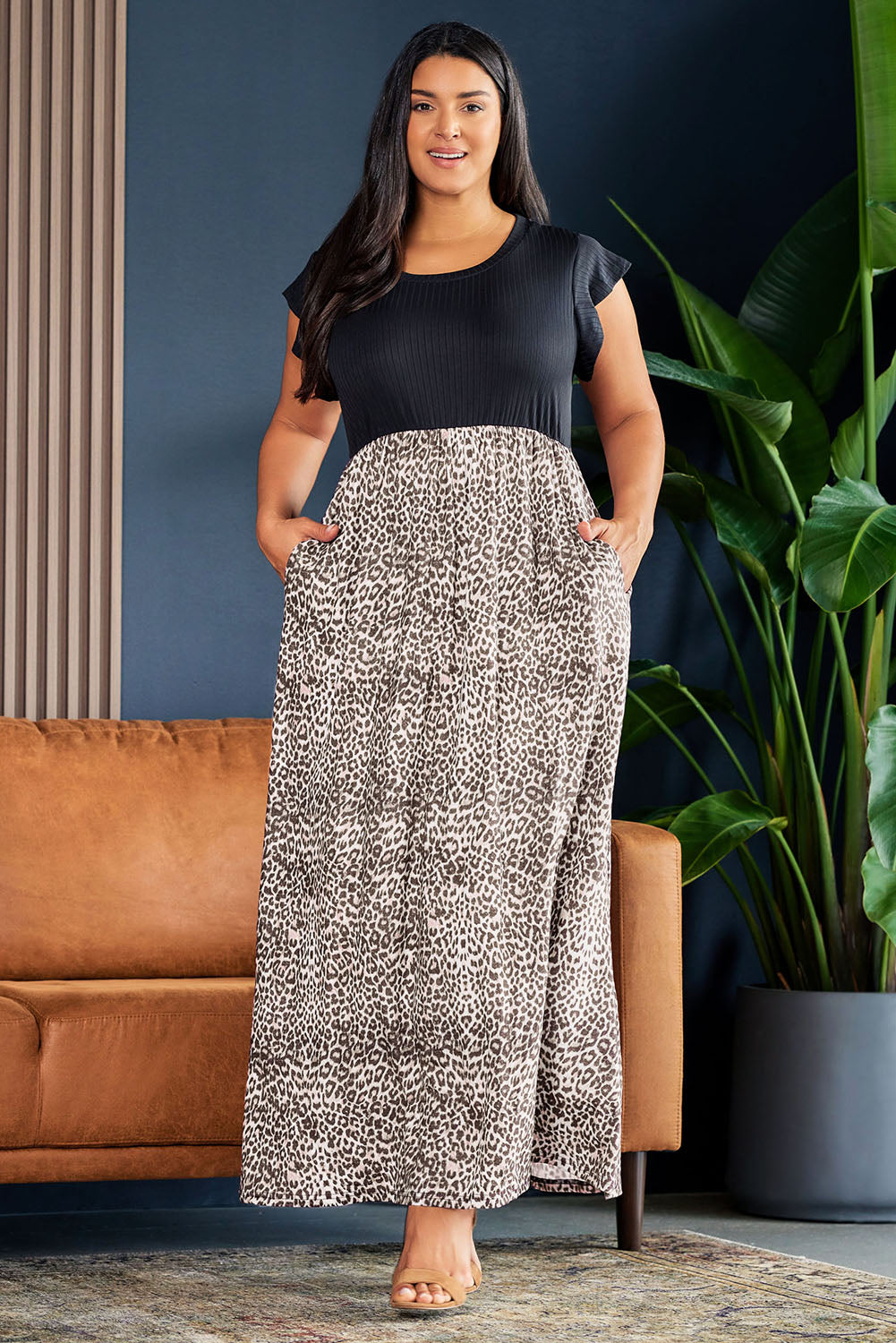 Gray Leopard Patchwork Ribbed Maxi Dress with Pockets