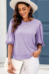 Purple Bubble Half Sleeves Ribbed Knit Top