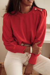 Red Button Tab Detail Long Sleeve Top