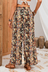 Black Floral Print High Waist Wide Leg Pants