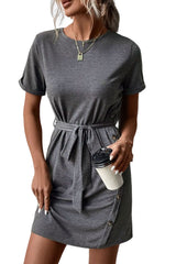 Gray Lace-up High Waist Short Sleeve Mini Dress
