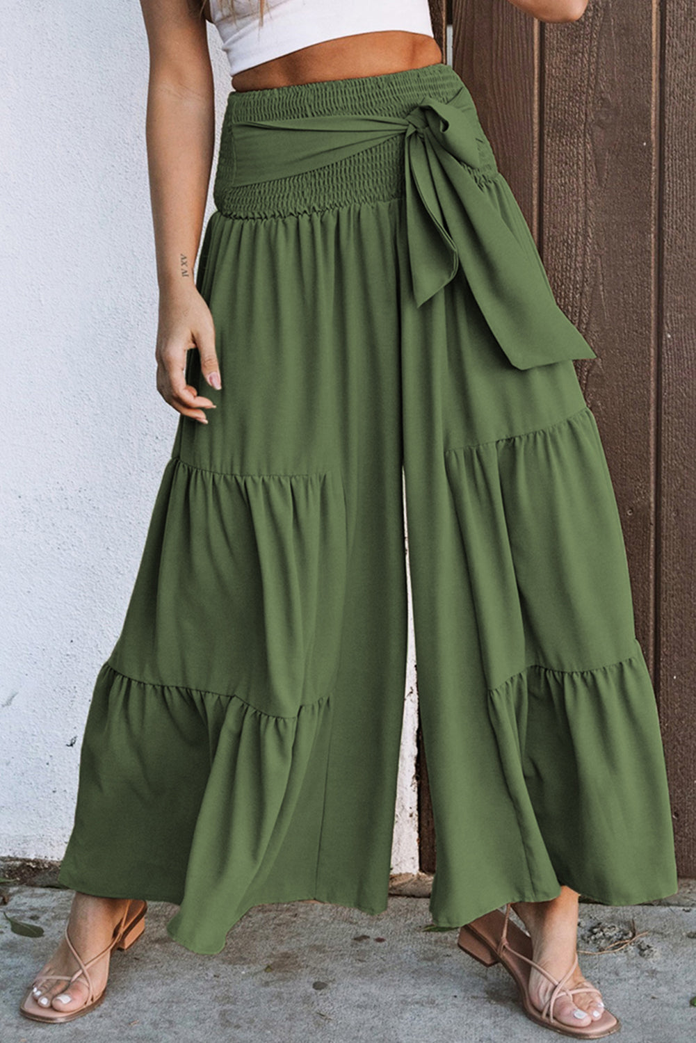 Khaki Lace up Smocked Waist Tiered Wide Leg Pants