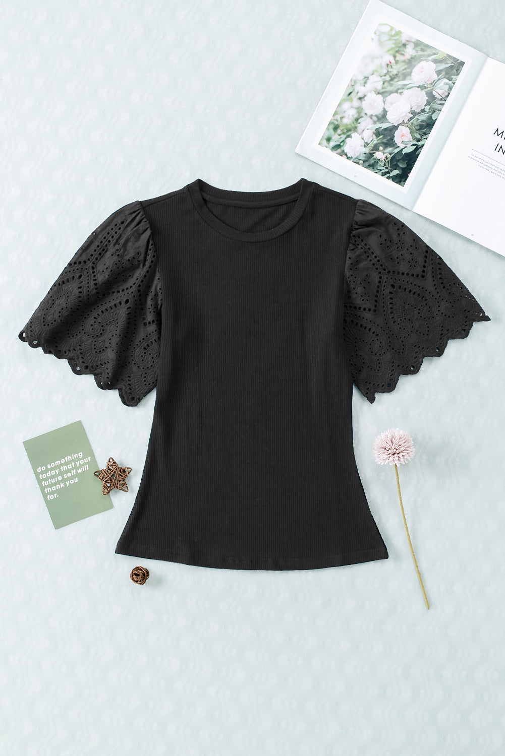 Black Scalloped Eyelet Sleeve Ribbed Knit Top