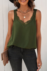 Green Solid Lace Splicing Tank Top