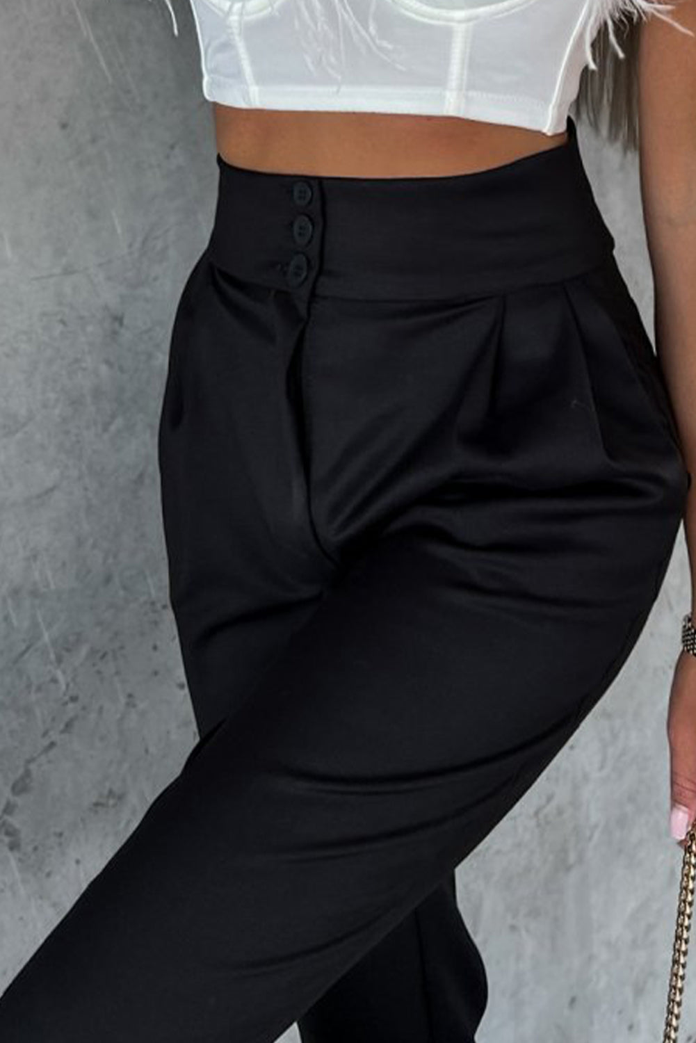 Black Button High Waist Tapered Pants