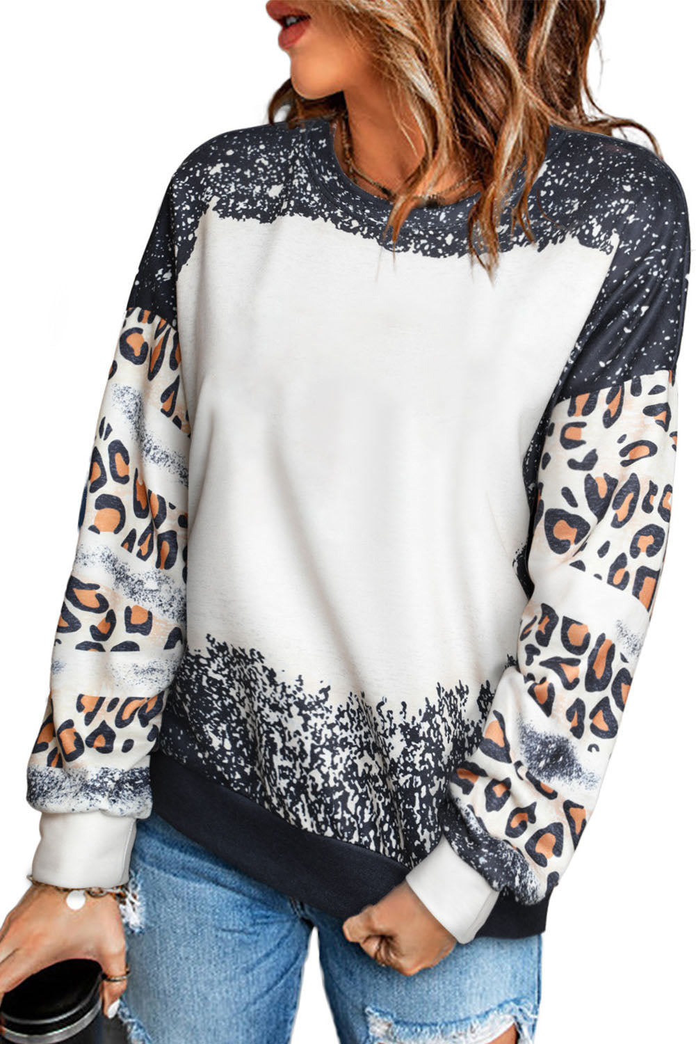 Black Tie Dye Leopard Drop Shoulder Sweatshirt