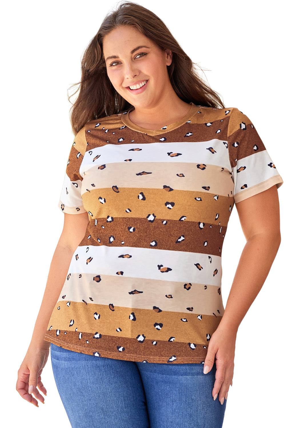 Leopard Color Block V Neck Plus Size T Shirt