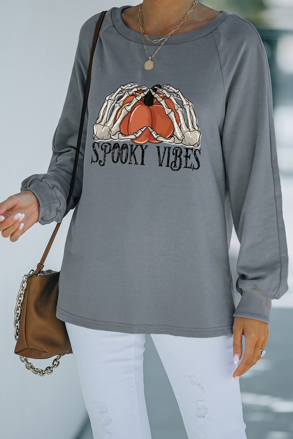 Gray Halloween SPOOKY VIBES Pumpkin Graphic Sweatshirt