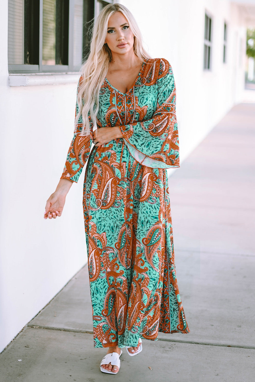 Green Boho Paisley Mix Print Long Sleeve V-Neck Tie Maxi Dress