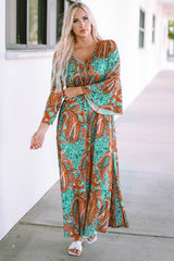 Green Boho Paisley Mix Print Long Sleeve V-Neck Tie Maxi Dress