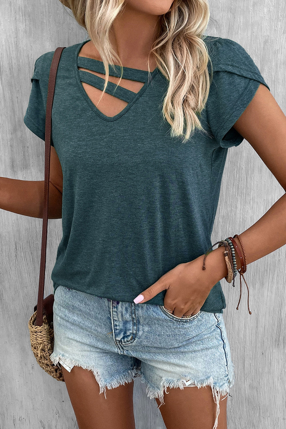 Blue Strappy V Neck Overlap Short Sleeve Top