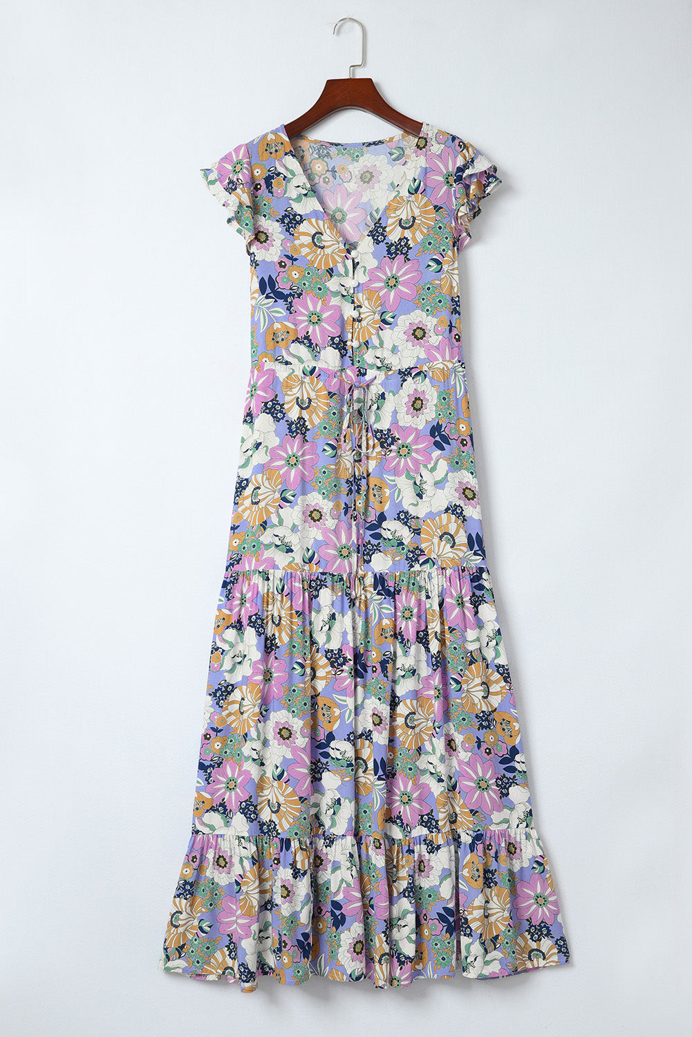 Purple Layered Ruffle Sleeves Long Floral Dress