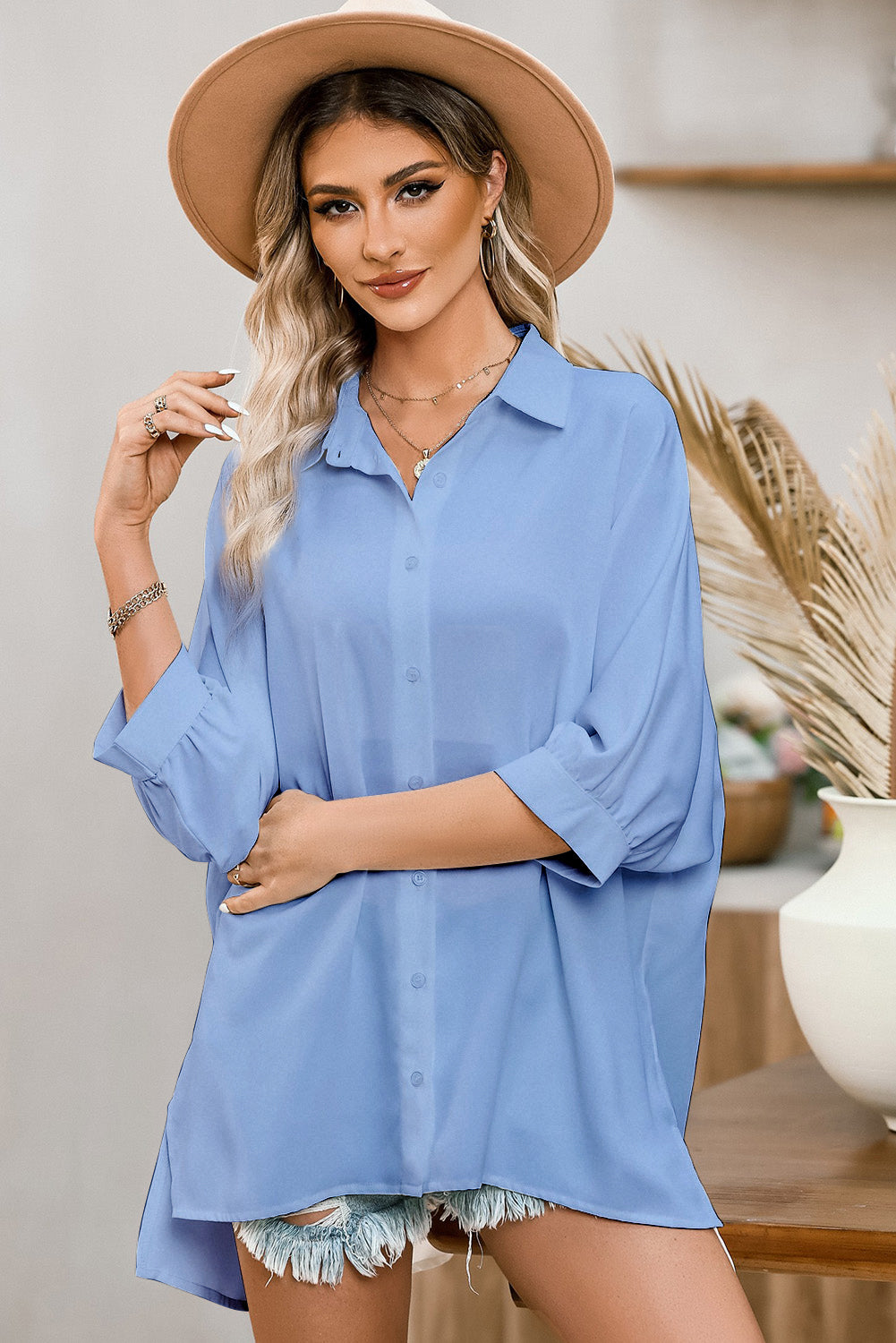 Green 3/4 Puff Sleeve Oversize Shirt