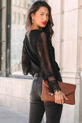 Black Sheer Lace Mesh Bishop Sleeve Top